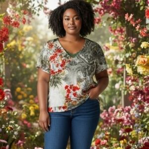 One World Paisley Floral V-Neck Women Top Layered Bohemian Blouse